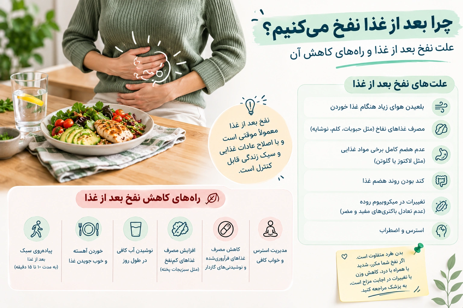چرا بعد از غذا نفخ می‌ کنیم ؟ | علت نفخ بعد از غذا